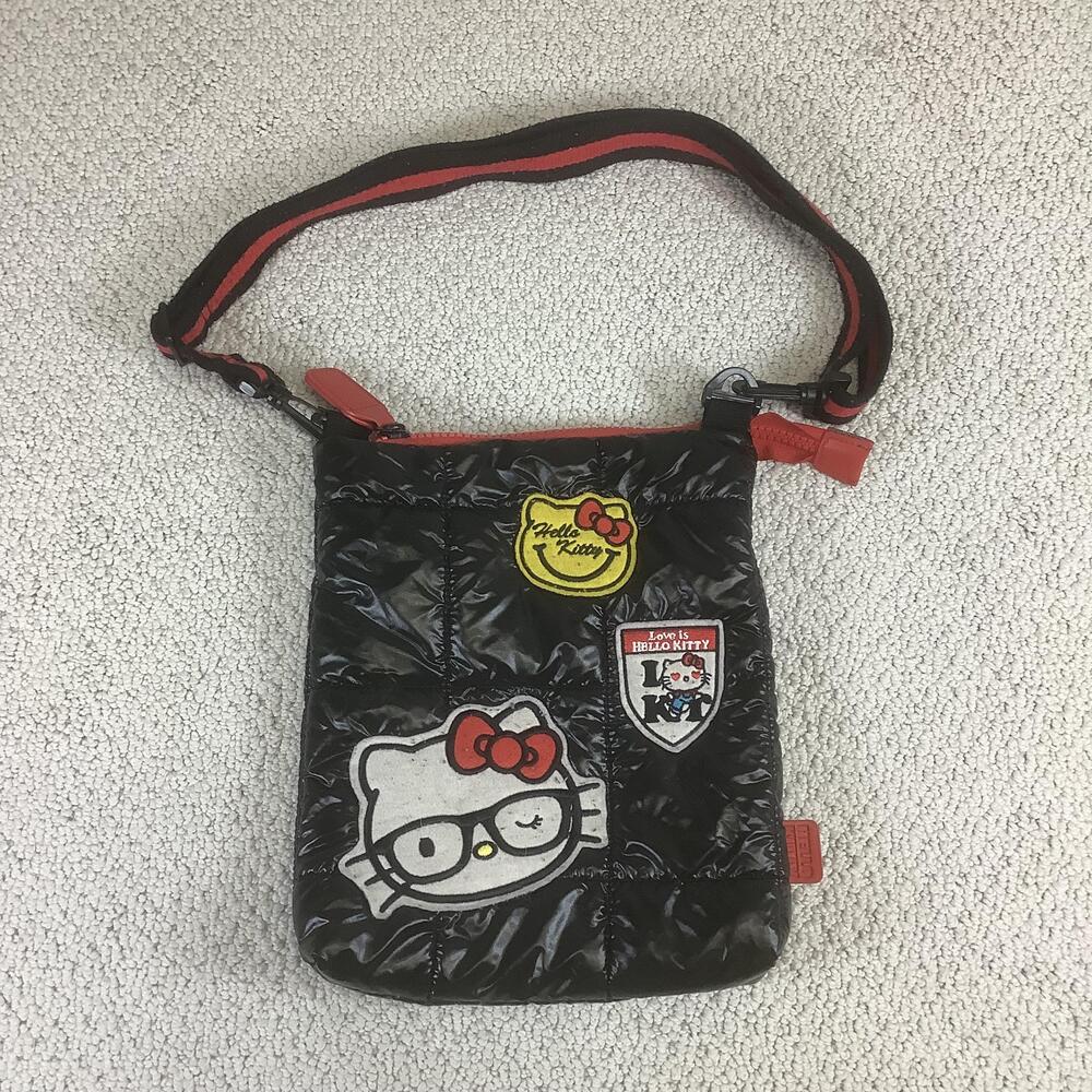 Hello Kitty Sanrio Crossbody Bag Black Quilted Puffer Purse Zip Top Patches